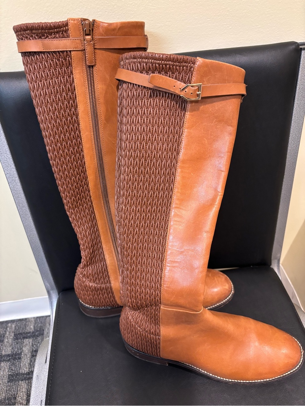 Women's Tall Woven-Panel Leather Riding Boots - Tan
